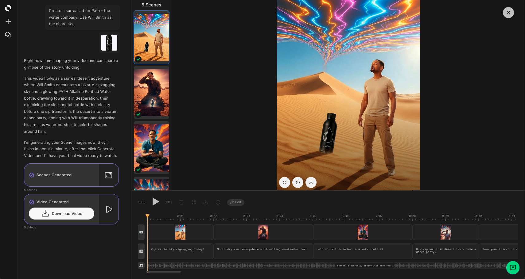 Affogato's professional video creation interface showing chat-based controls and multi-scene timeline editing