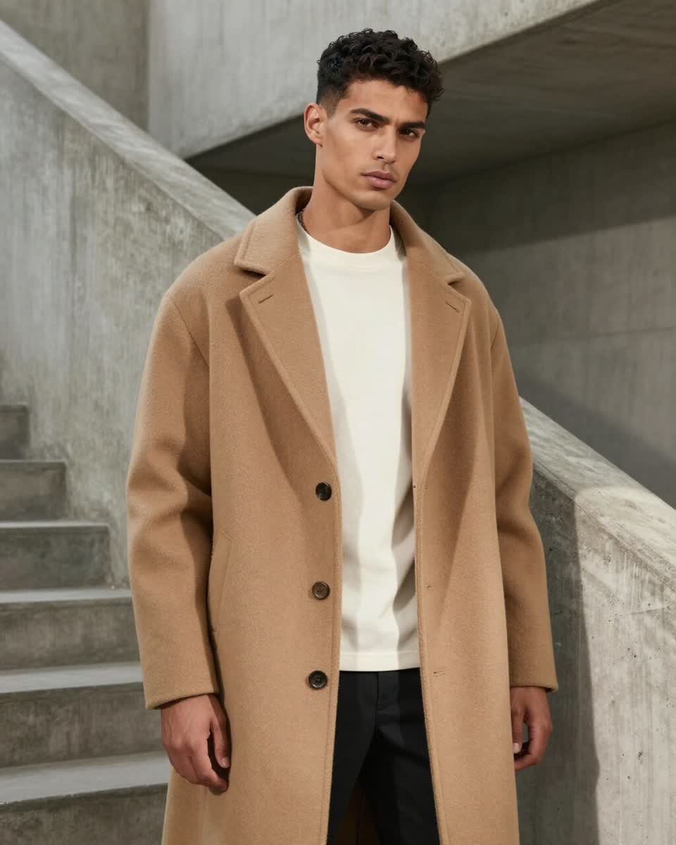 A man in a camel coat on concrete steps