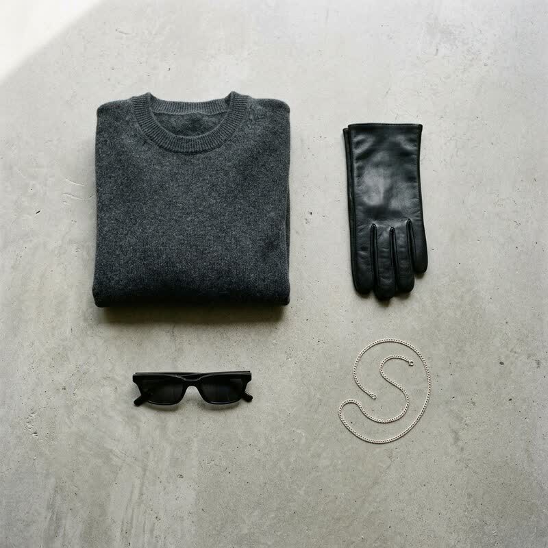 A flat-lay of dark garments and sunglasses