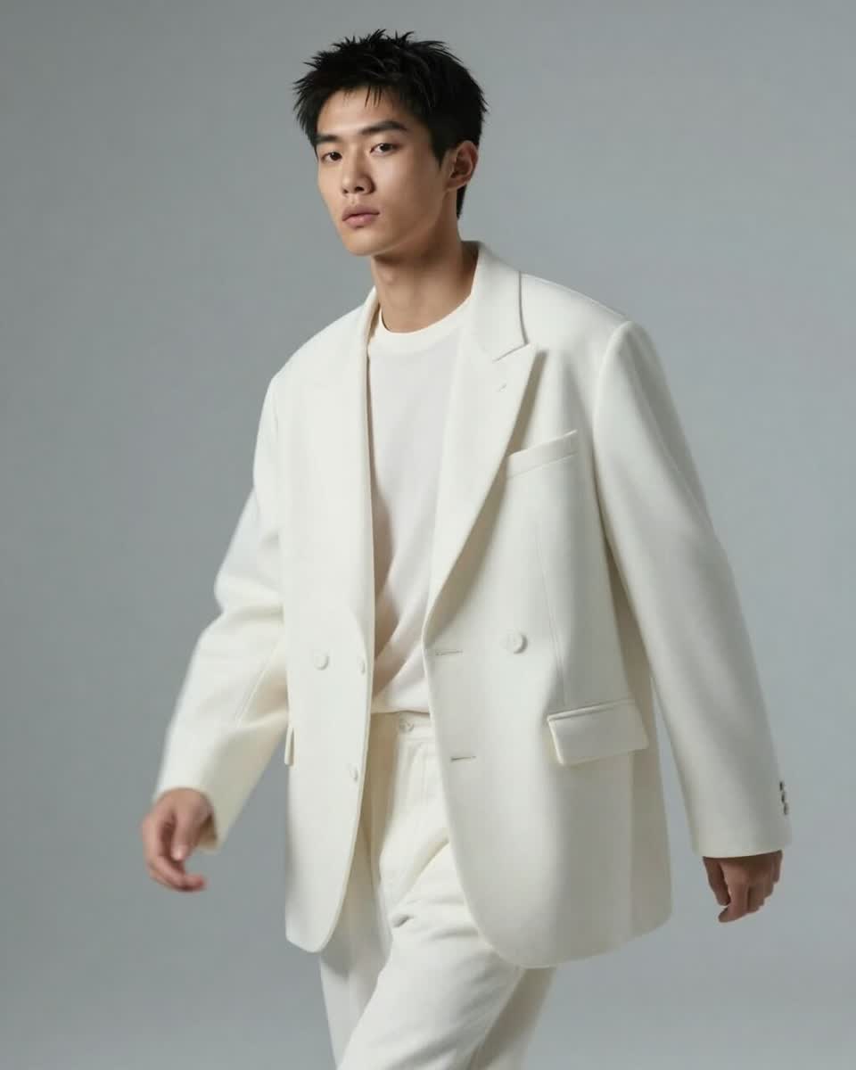 The same model and pose wearing a cream suit after Clothes Swap