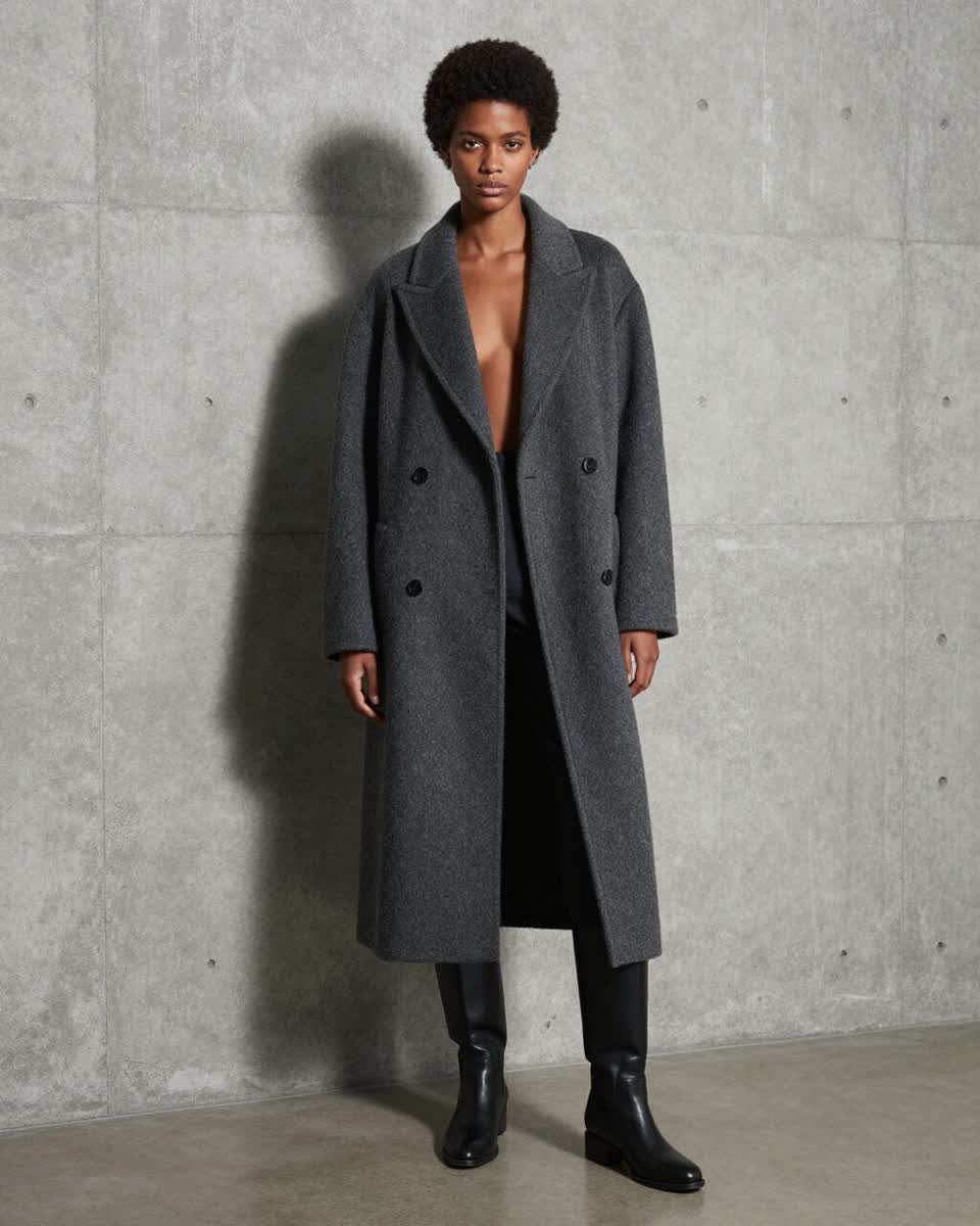 A model in a grey wool coat against a concrete wall