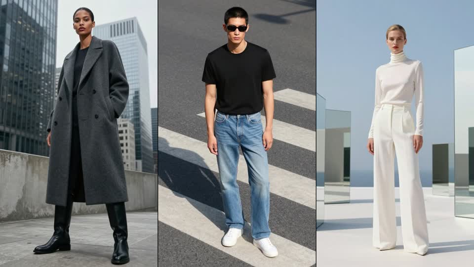 Three outfits on three models in a city setting