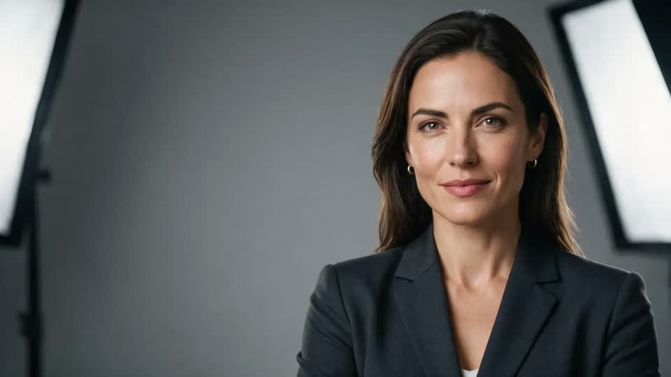 A corporate headshot on a grey studio background