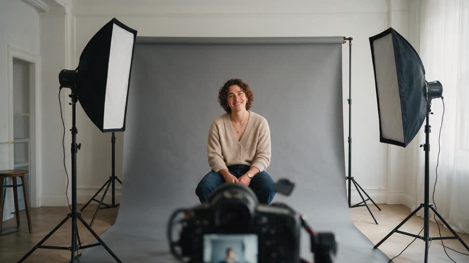 A woman in a lit studio, and her finished professional headshot