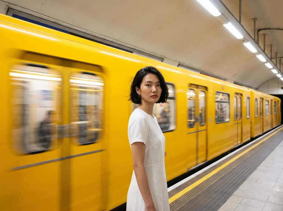 A woman beside a yellow metro train — scene and light changed from a prompt
