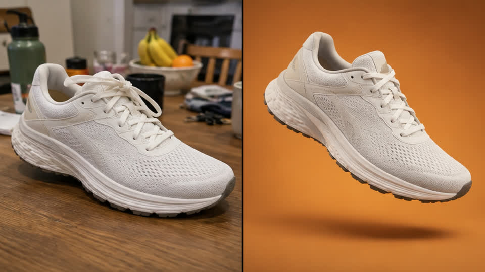 A white sneaker photographed on a desk, then in a clean orange studio scene