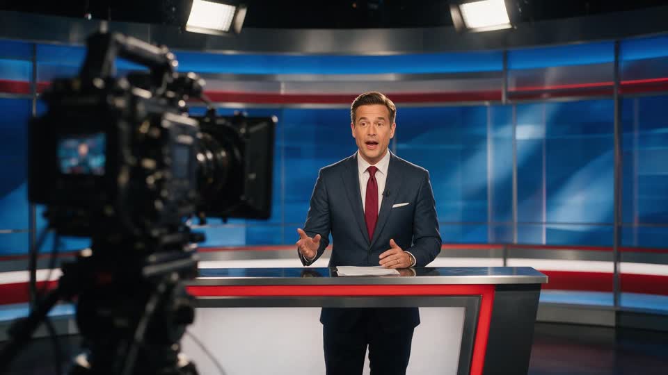 A presenter on a news-desk set with a broadcast camera