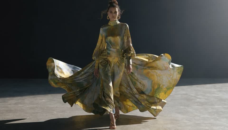 A model in a flowing printed dress, generated from a garment reference