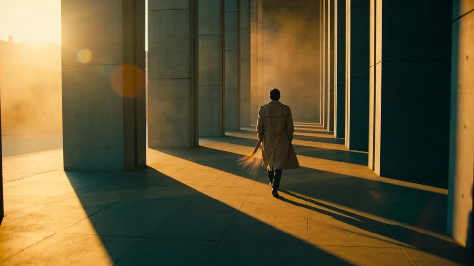 A figure walking through a sunlit corridor