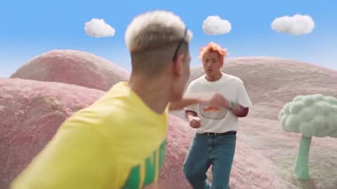 A stylised rooftop fight scene in pastel colours