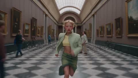 A person running through a grand museum gallery